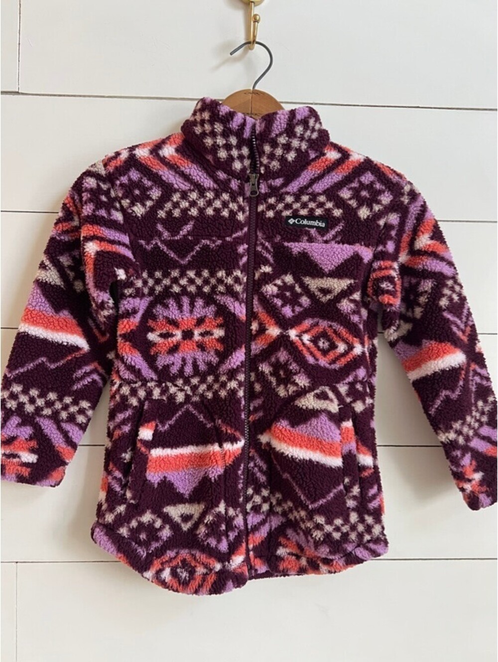 Columbia Patterned Fleece Jacket Girl's Size S 7 8 Outerwear Fall Winter Granola